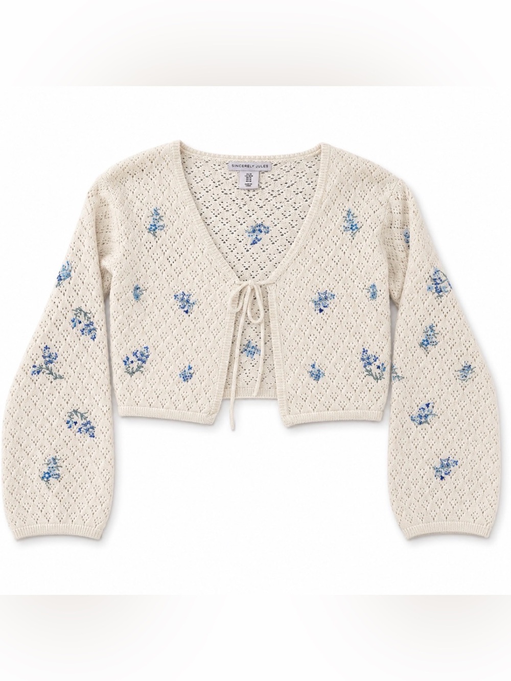 Sincerly Jules Cream Cropped Tie-Front Cardigan with Blue Floral Embroidery